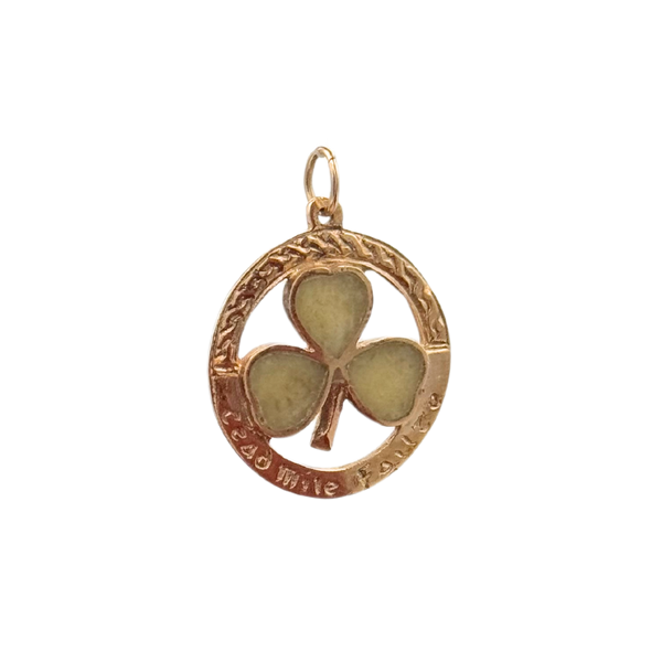 9K Yellow Irish 3 leaf clover with serpentine stone on each