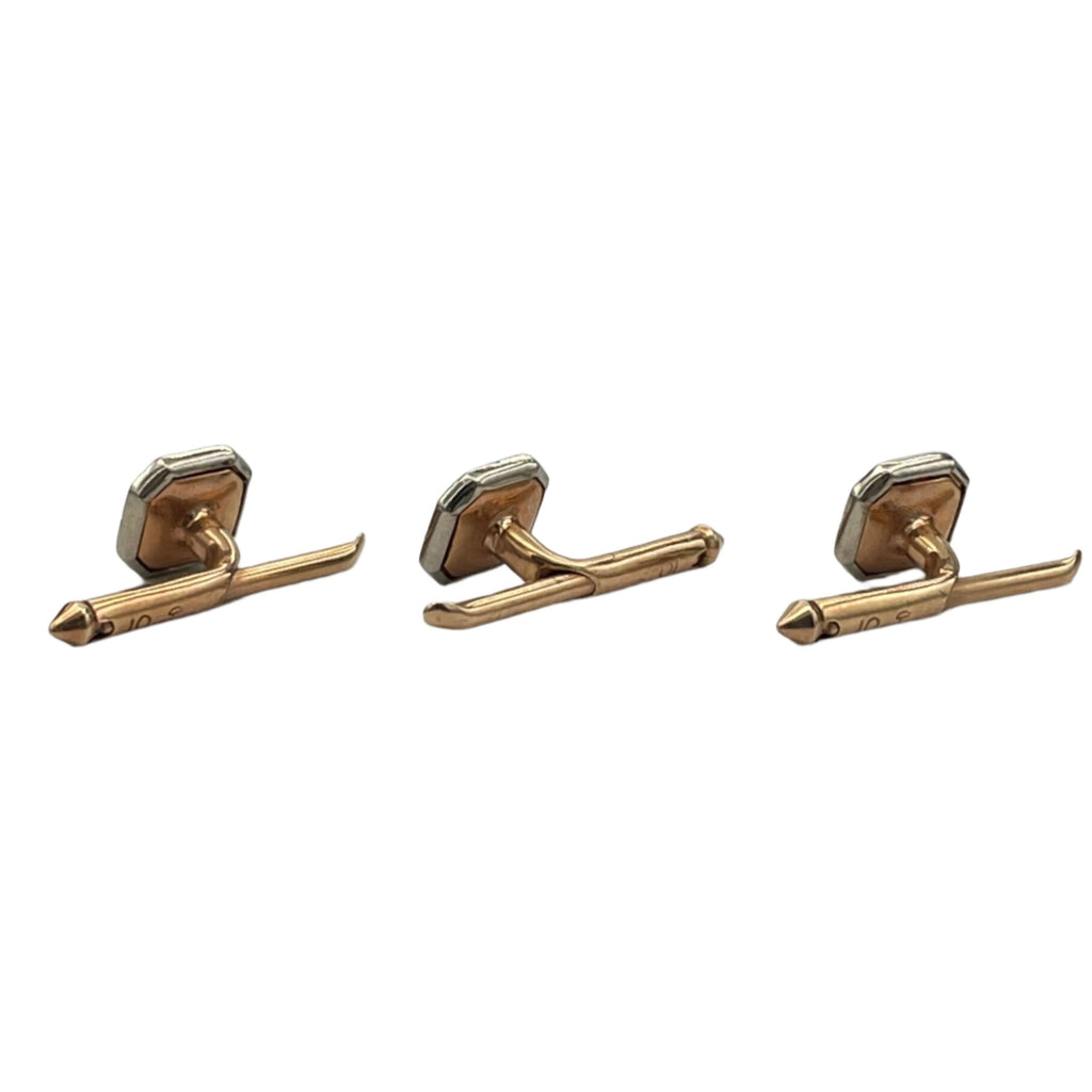 Handsome set of antique Art Deco onyx and seed pearl 10k rose gold cufflinks and three shirt buttons.