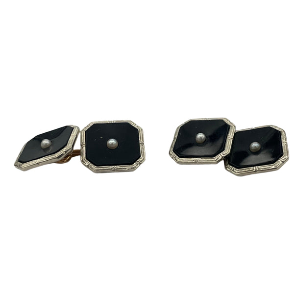 Handsome set of antique Art Deco onyx and seed pearl 10k rose gold cufflinks and three shirt buttons.