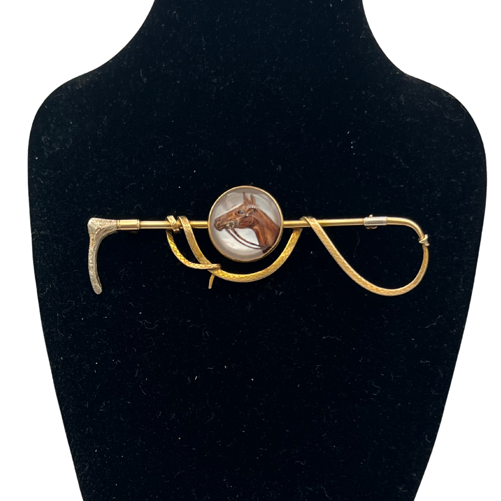 Antique Essex Crystal Horse, Hunting Whip Brooch c.1900, daisy exclusive jewellers