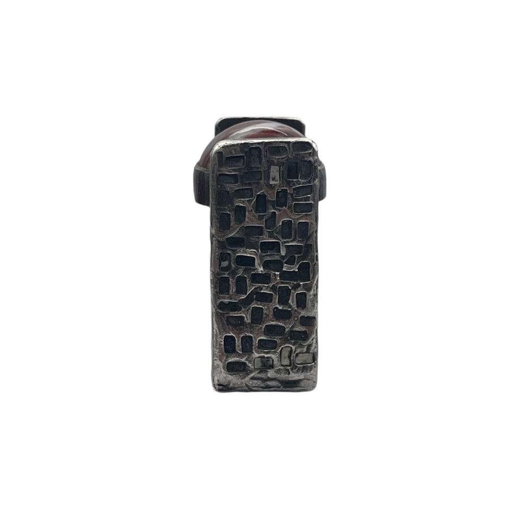 Rectangular Estate signed Walter Schluep solid sterling silver ring, brutalist style with reddish brown resin cabochon.
