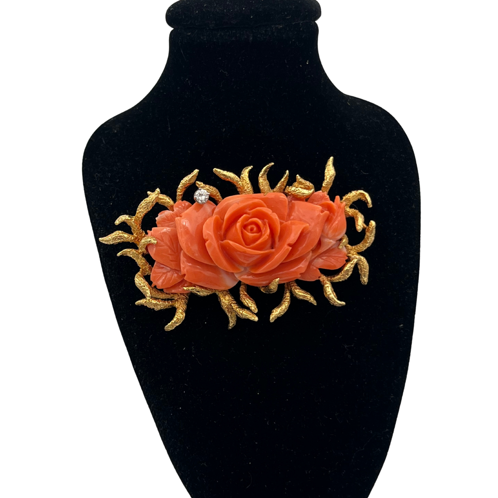Estate Coral and Diamond Rose Brooch in 18k gold Circa 1950 - daisy exclusive jewellers