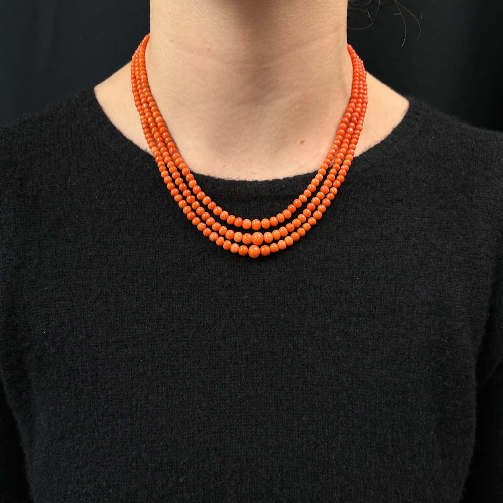 Daisy Exclusive Graduated Triple Strand Mediterranean Coral 18k Gold Necklace + Montreal Estate Jewelers