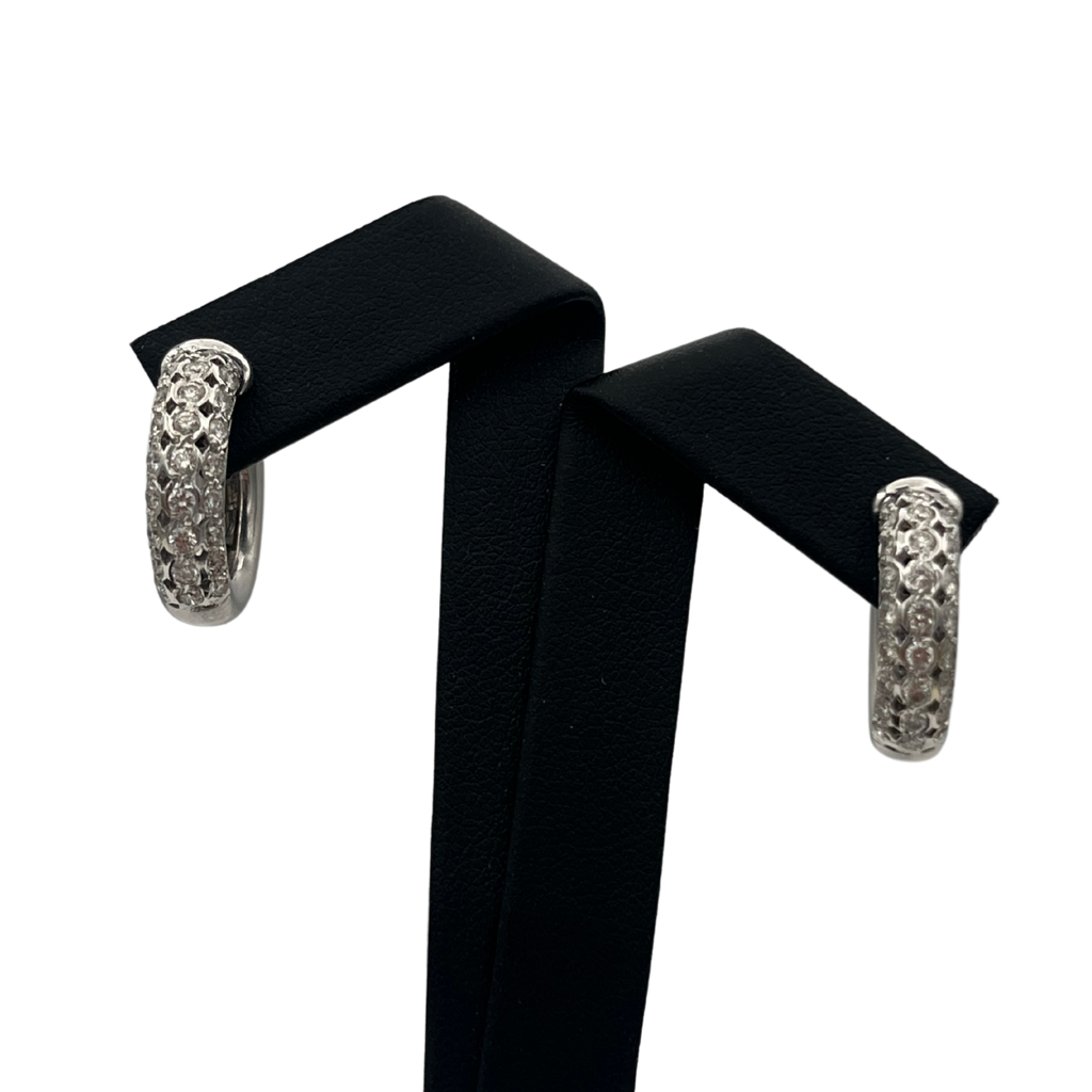 Vintage 18k White Gold 1.20ct Diamond Three Row Pave Huggie Earrings - daisy exclusive jewellers