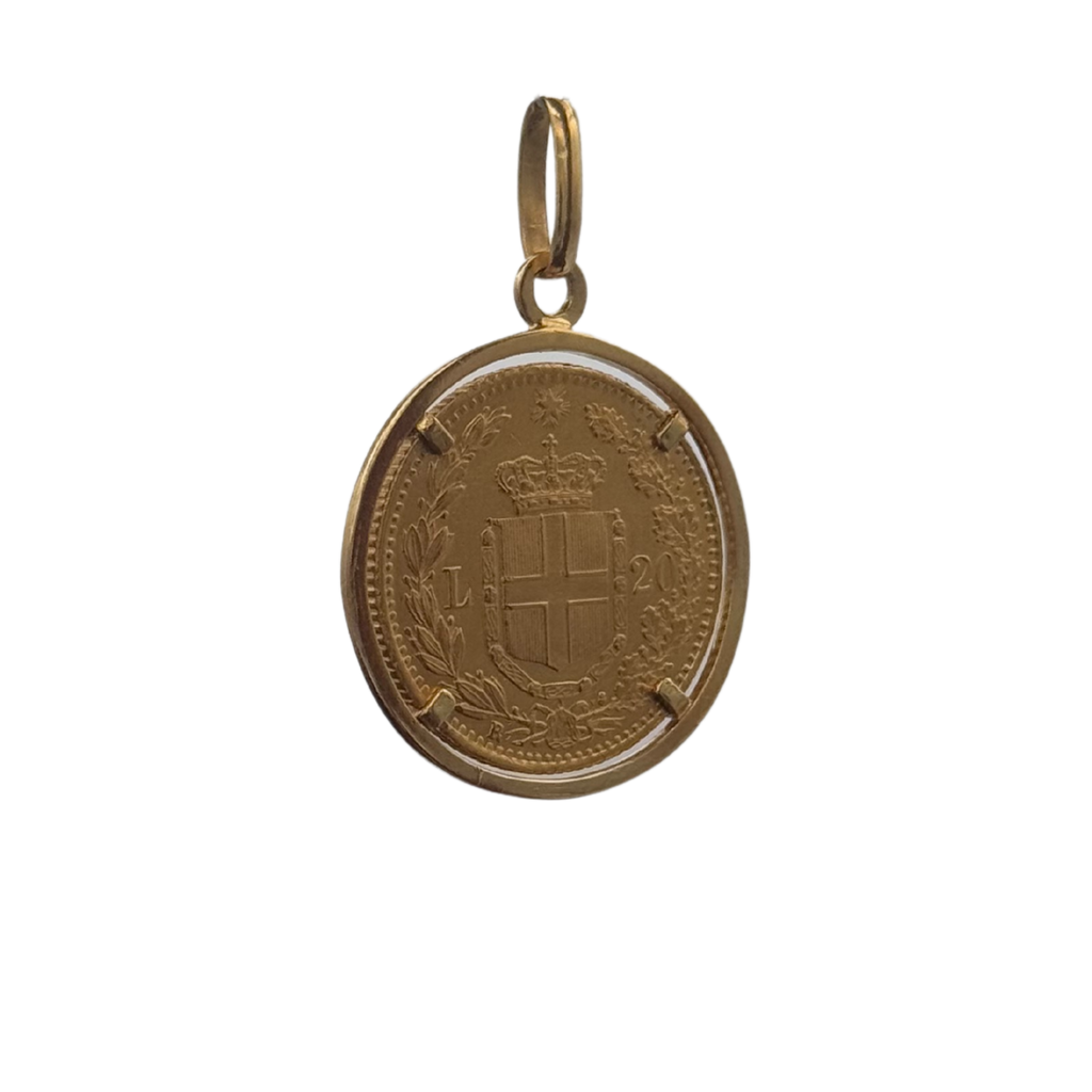 Vintage 21k Gold Italian 20 Lira 1882 Coin pendant in 18k frame - daisy exclusive jewellers