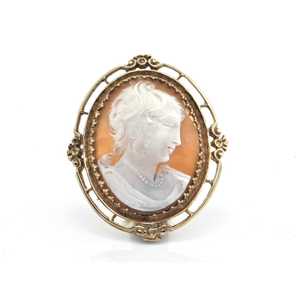 Vintage 14K Yellow Gold Shell Cameo Brooch /Pendant + Montreal Estate Jewelers